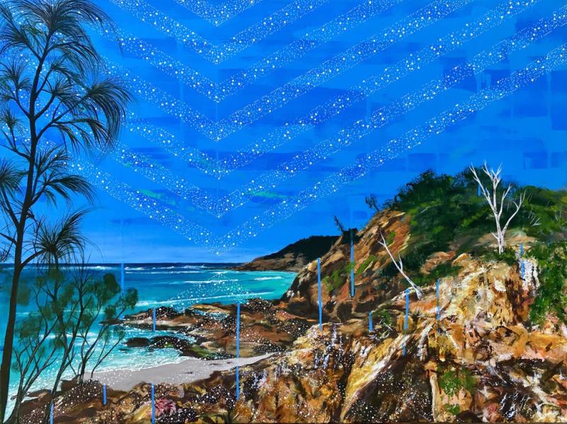 A vibrant painting by Anthony J. Walker, a Yiman, Ghungalu, Gurreng Gurreng artist, of the Byron Coastline overlayed with white traditional dotted chervon patterning inspired by engravings on message sticks from the artists' grandparents’ Country.