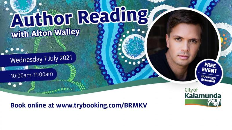 Photo of author Alton Walley with beautiful art by Aboriginal artist Aurora Abraham in the background, and event details to the left hand side