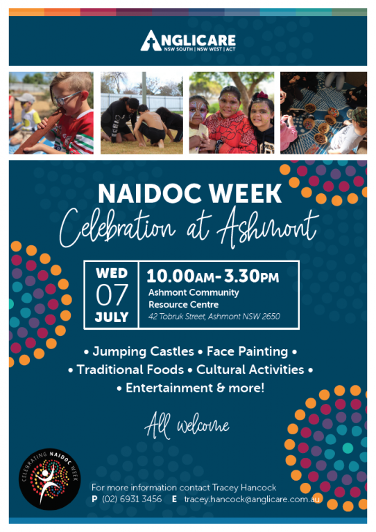 Anglicare NAIDOC Week 2021 Celebration at Ashmont Community Resource Centre A4 Poster